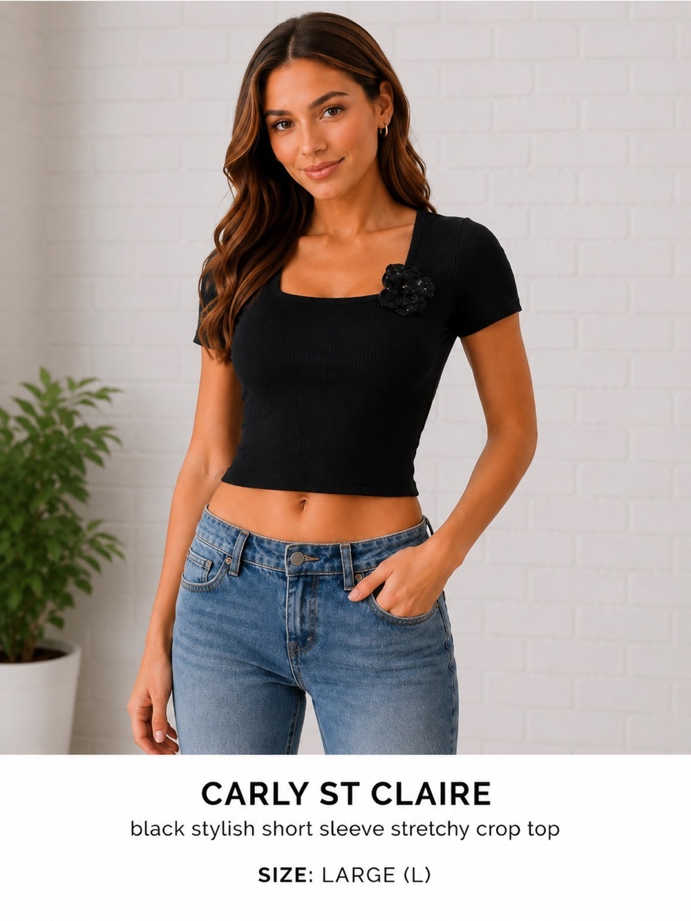 CARLY  ST CLAIRE black stylish short sleeve stretchy crop top/ size L